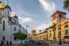 Sunset on the Malecon and the Cuban Port Authority building in Old Havana, Cuba