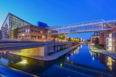 Dawn's first light, or the blue hour, hit the canal walk in downtown Indianapolis