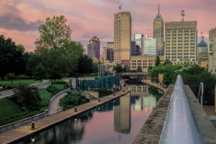 A pink sunset after a big storm passes through downtown Indianapolis